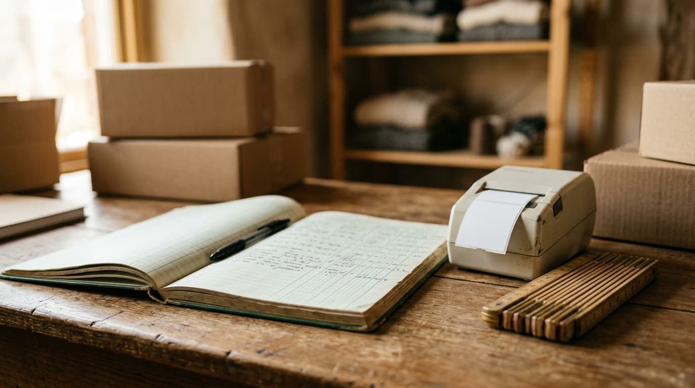 Ledger notebook, label printer, and measuring tape on a desk