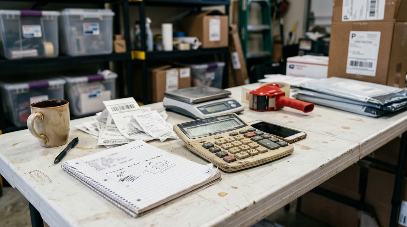 Ledger notebook, label printer, and measuring tape on a desk