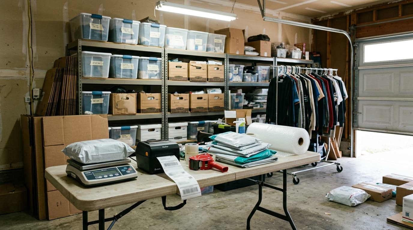 A home reselling operation: garment rack, inventory bins, and a packing station